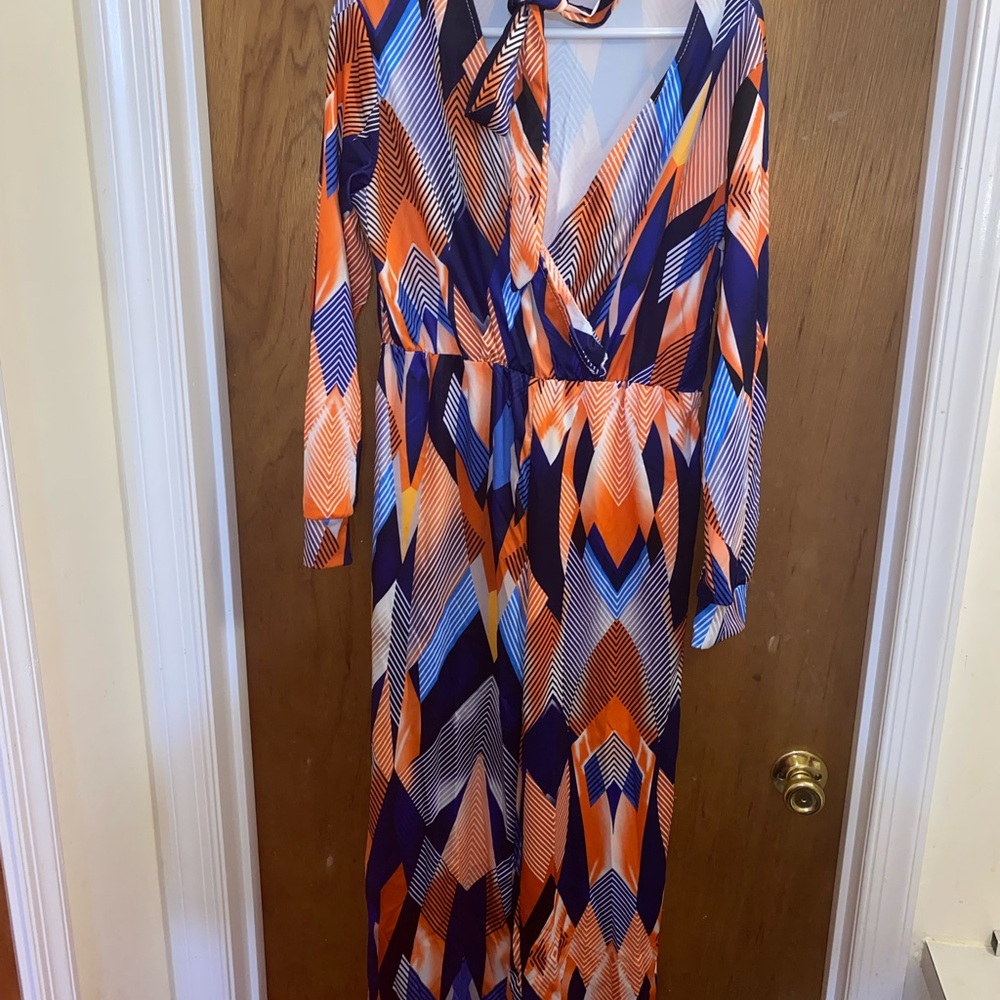 Vibrant Orange and Blue Geometric pants jumpsuit-XL